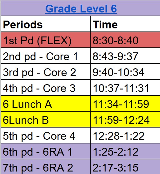 6th Grade Bell Schedule